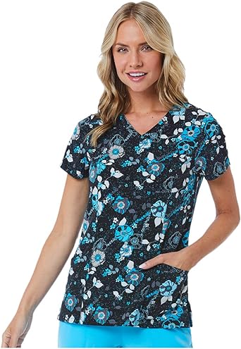 Clearance Maevn Blooming In Blue Curved V-Neck Printed Top