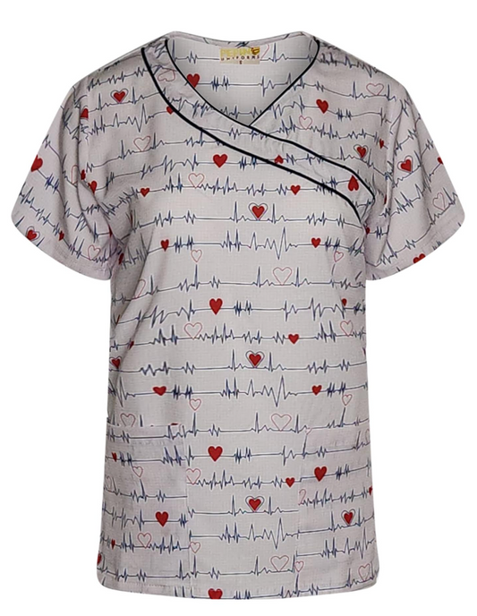 Pepino Uniforms Printed Navy EKG Mock Wrap Scrub Top