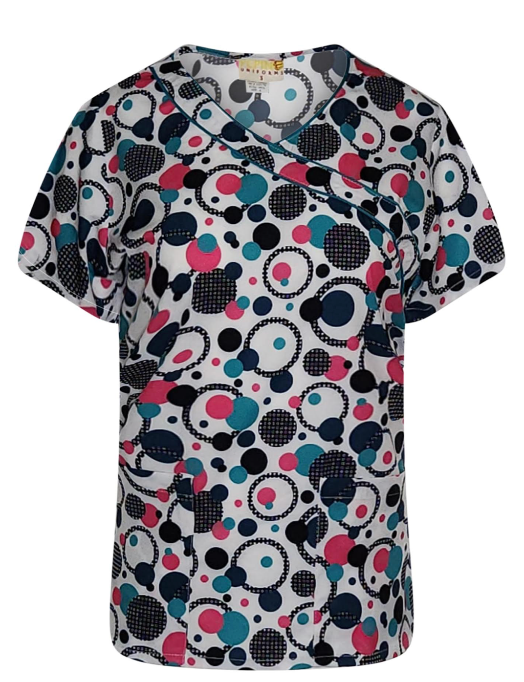 Pepino Uniforms Printed Polka Dot/Teal Mock Wrap Top