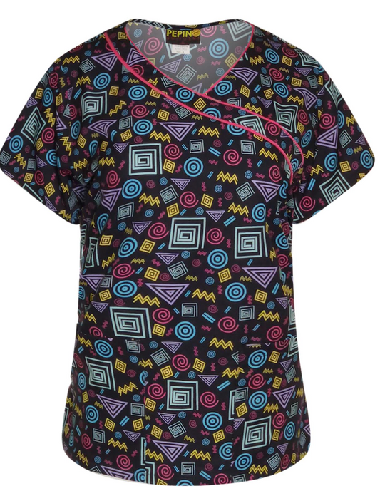 Pepino Uniforms Printed Swirly Pink Trim Mock Wrap Scrub Top