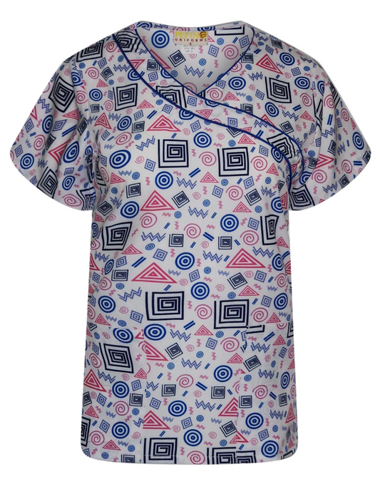 Pepino Uniforms Printed Royal Swirly Mock Wrap Scrub Top