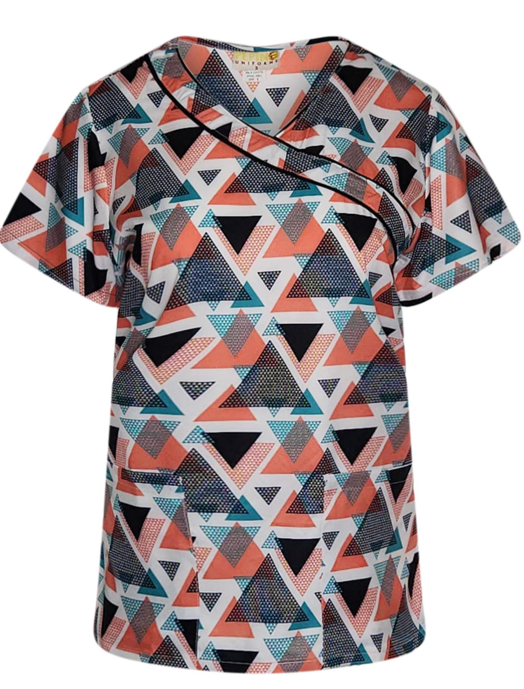 Pepino Uniforms Printed Linked Triangles Black Trim Mock Top