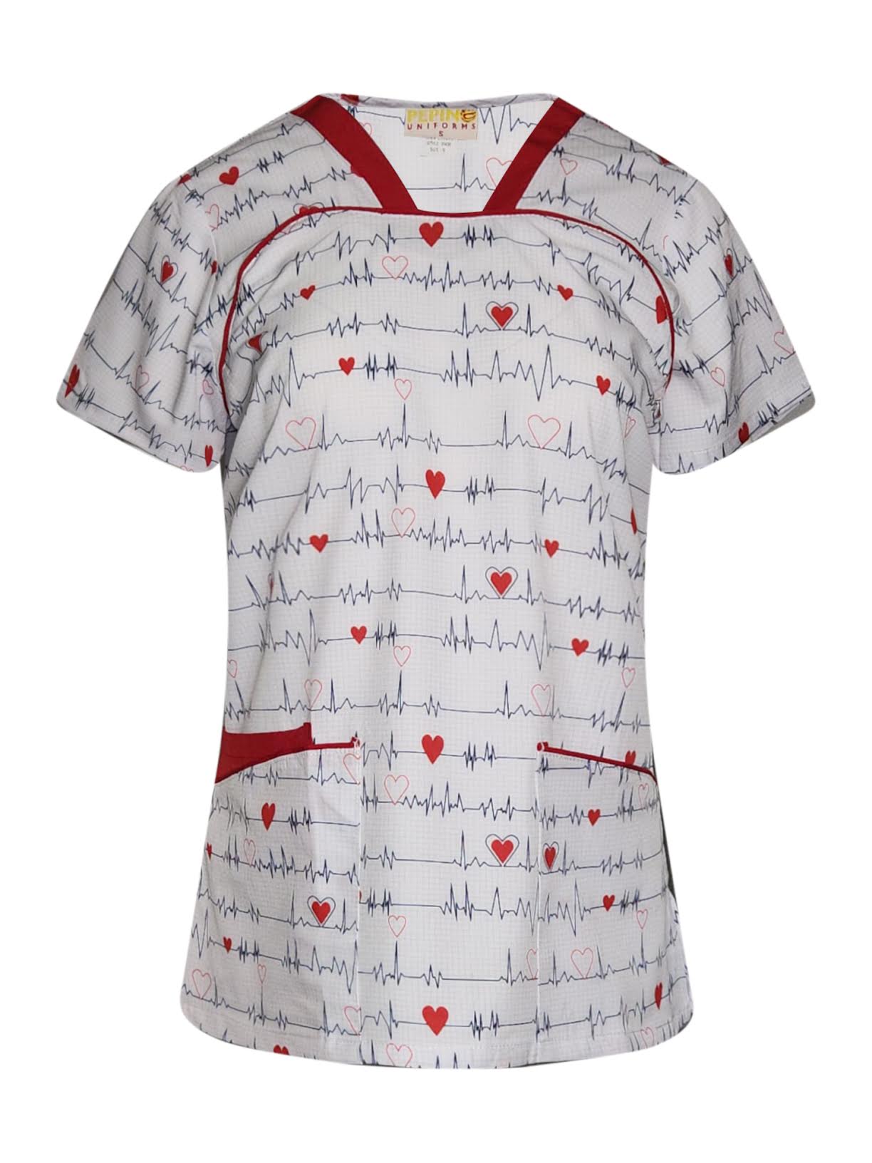 Pepino Uniforms Printed Red EKG Piping V-Neck Top