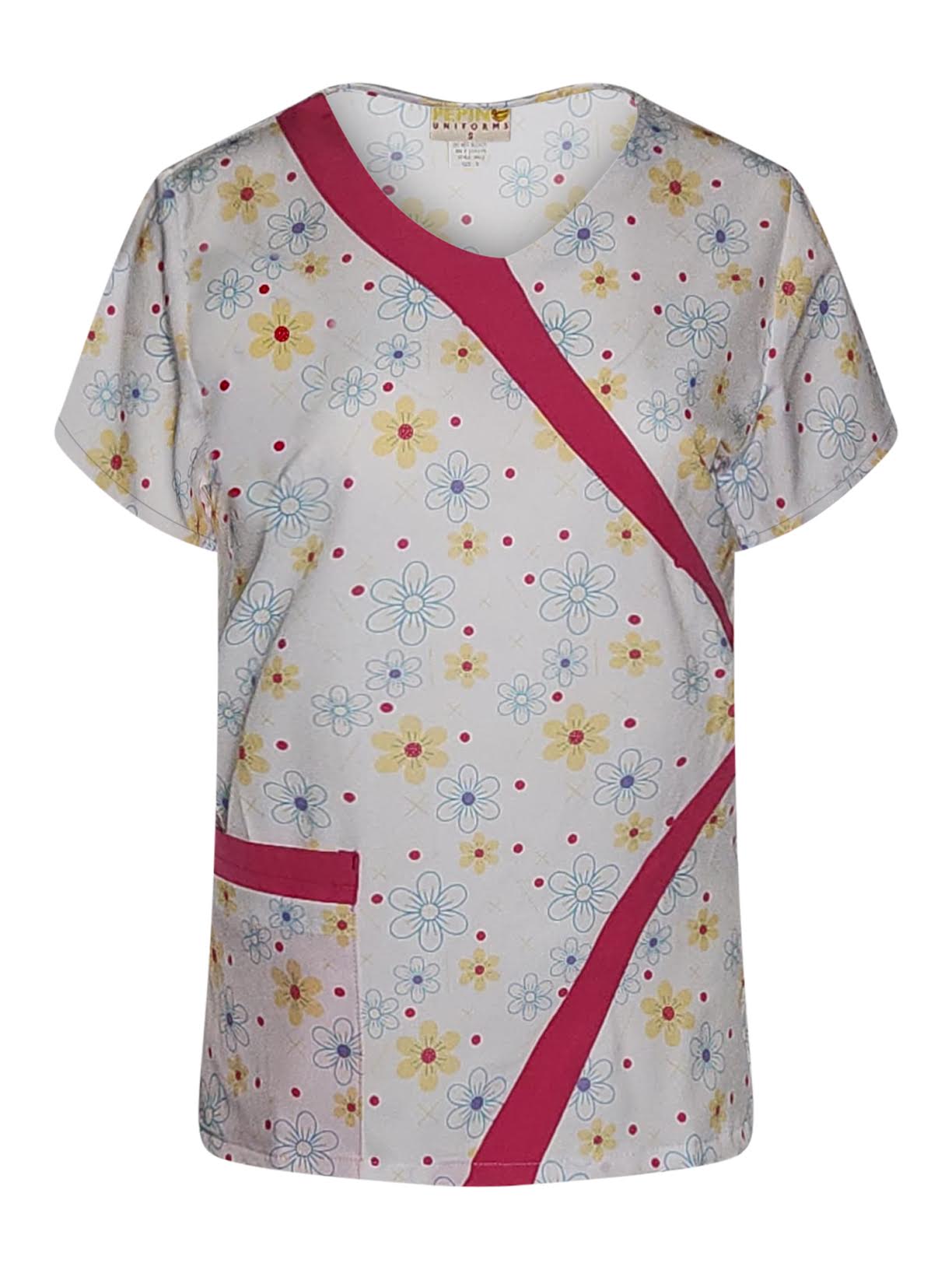 Pepino Uniforms Printed Pinkn' Yellow Daises V-Neck Trim Top