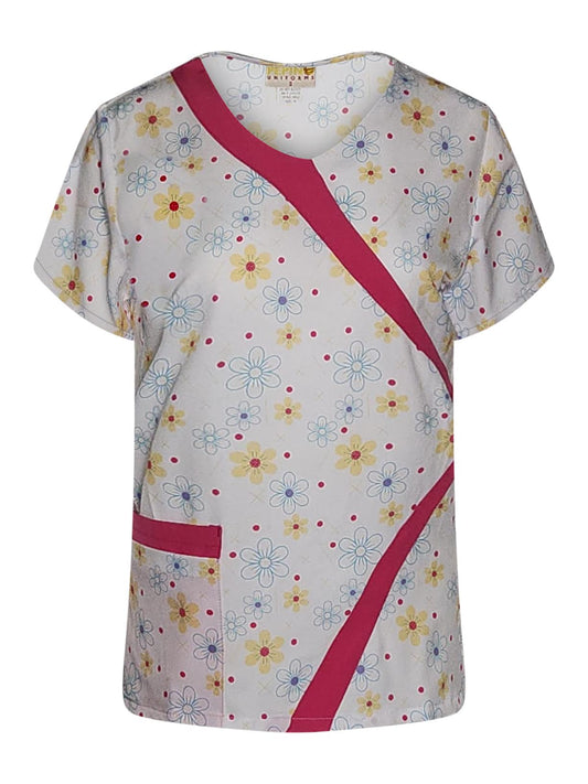 Pepino Uniforms Printed Pinkn' Yellow Daises V-Neck Trim Scrub Top