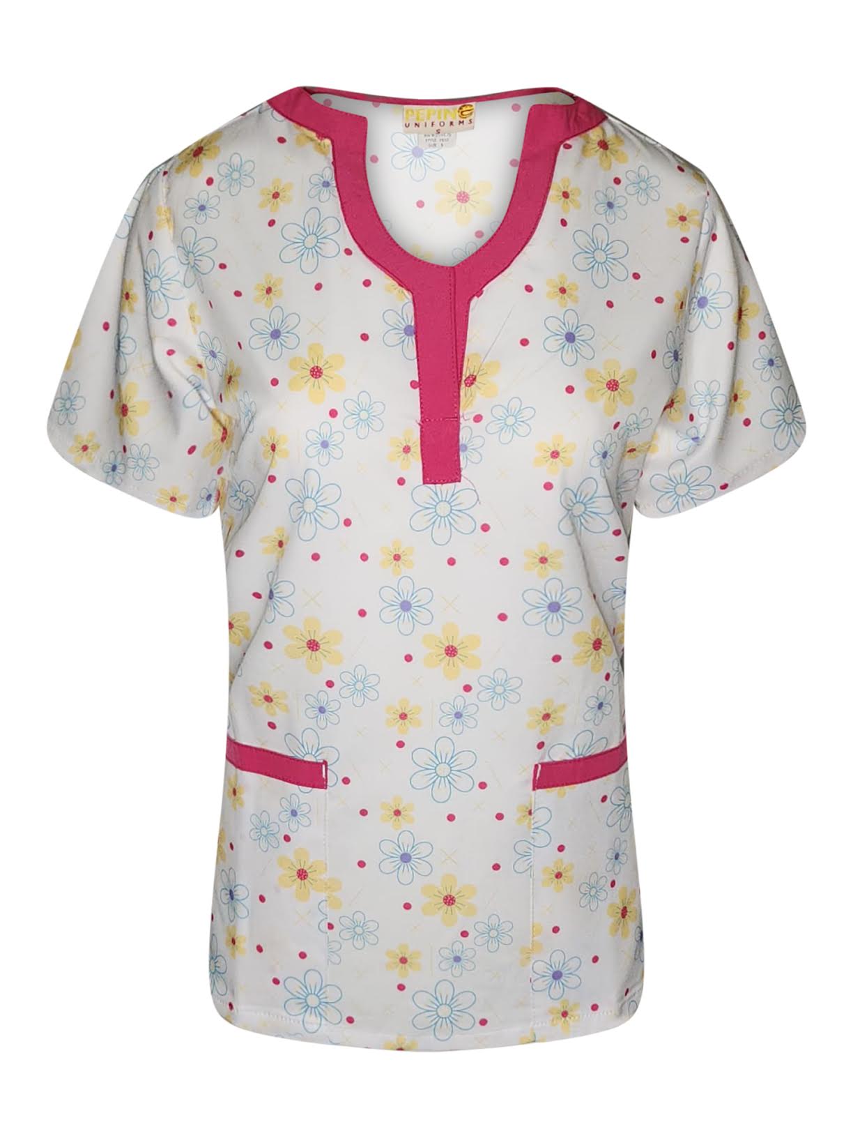 Pepino Uniforms Printed Pink Daisy Trim U-Neck Top