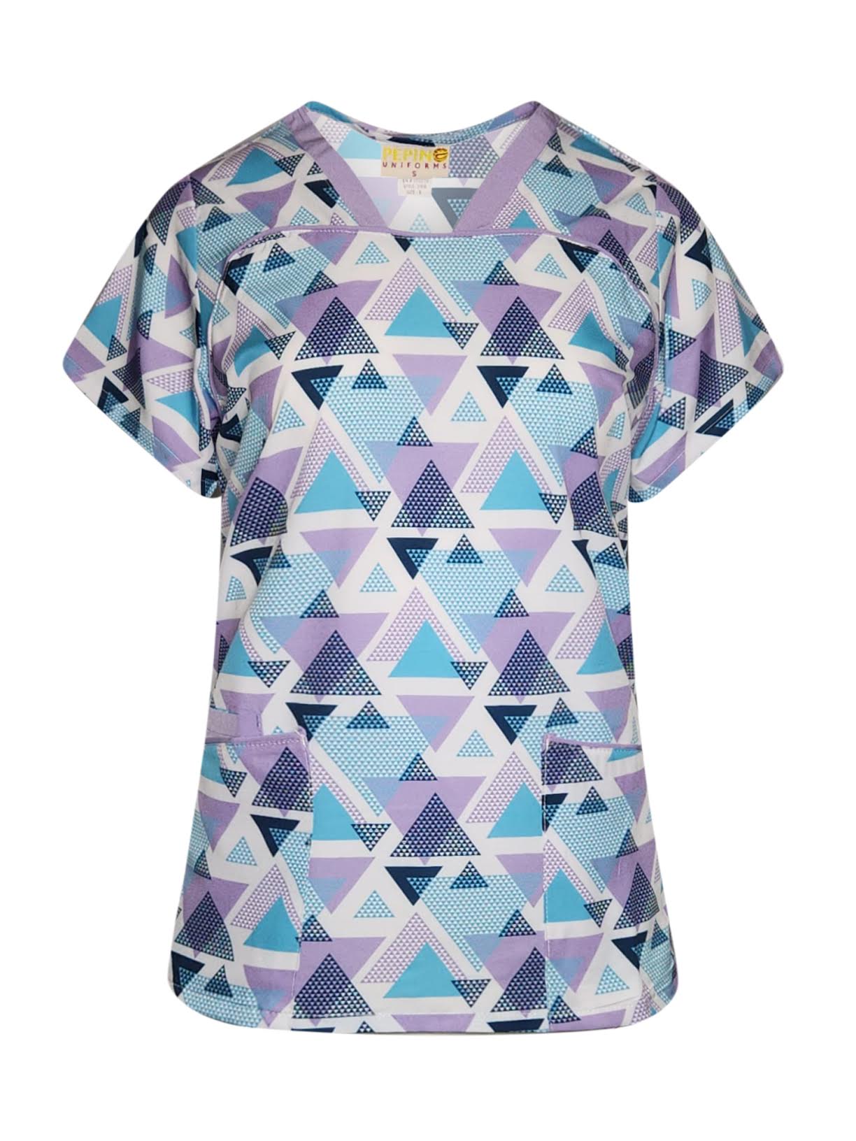 Pepino Uniforms Printed Lavender Linked Triangles V-Neck Piping Top