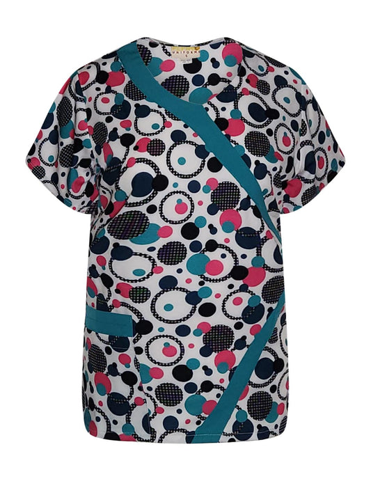 Pepino Uniforms Printed Teal Polka Dot V-Neck Trim Top