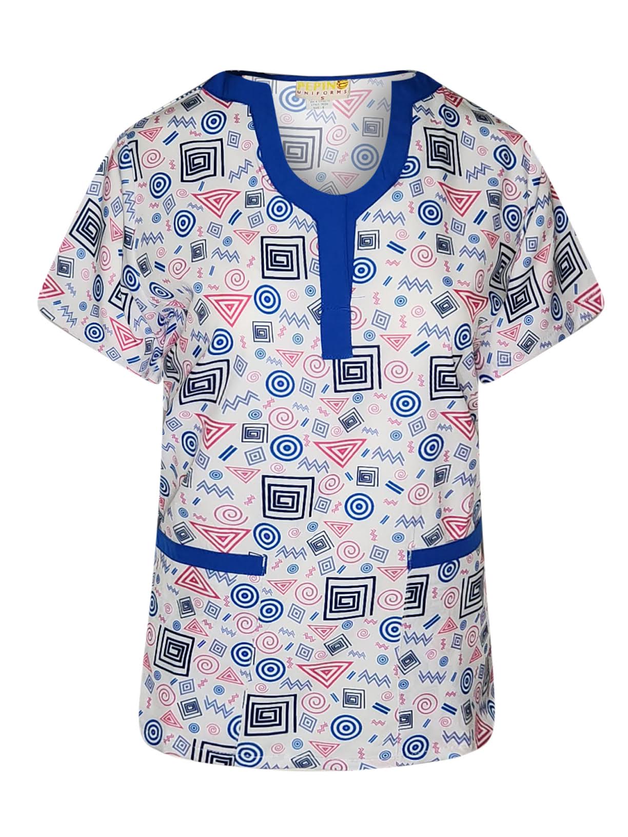 Pepino Uniforms Printed Swirly Royal Trim U-Neck Top