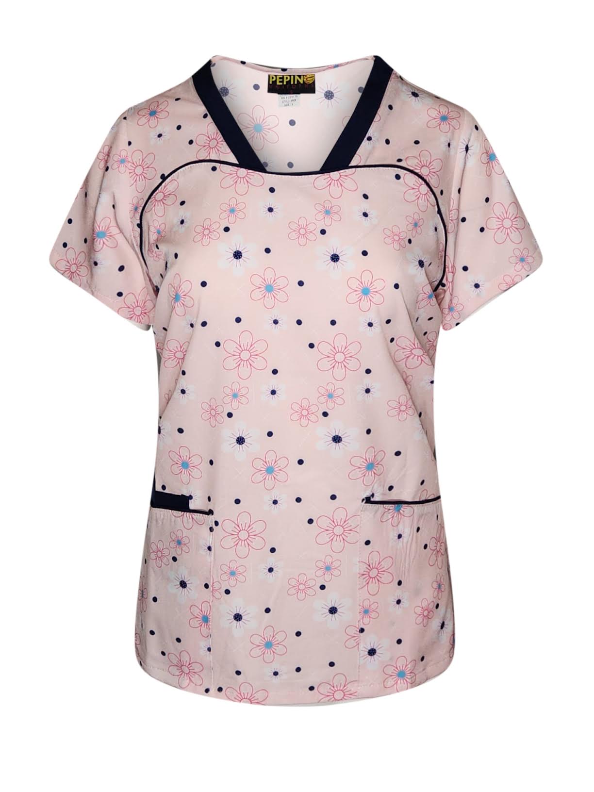 Pepino Uniforms Printed Navy Daisy Piping V-Neck Top