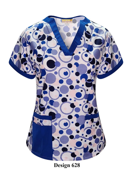 Blusa médica con cuello en V y estampado de lunares azules de Pepino Uniforms