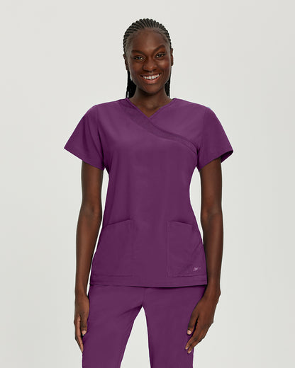 White Cross Fit 3-Pocket Mock Wrap Scrub Top