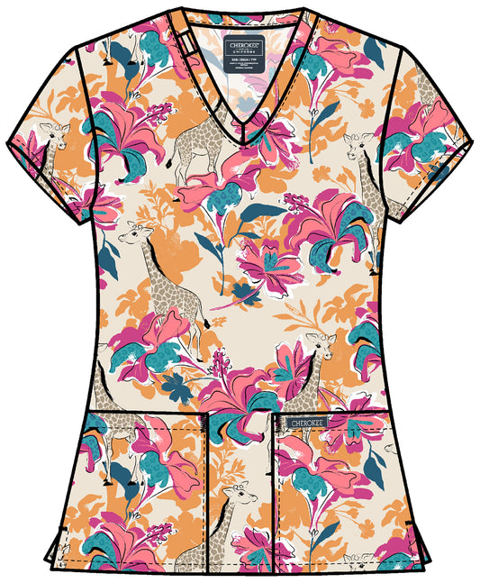 Cherokee Genuine Floral Safari Printed Scrub Top