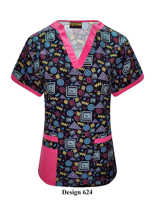 Blusa médica con cuello en V y estampado de espirales oscuras de Pepino Uniforms