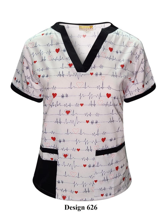 Blusa médica con cuello en V y estampado de electrocardiogramas en azul de Pepino Uniforms