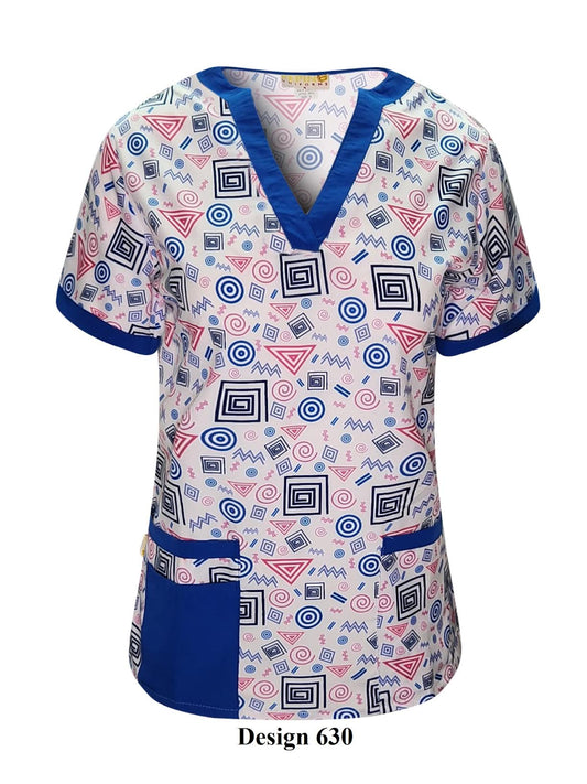 Blusa médica con cuello en V y estampado de espirales de Pepino Uniforms