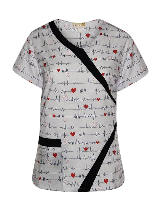 Pepino Uniforms Printed Black EKG V-Neck Trim Scrub Top