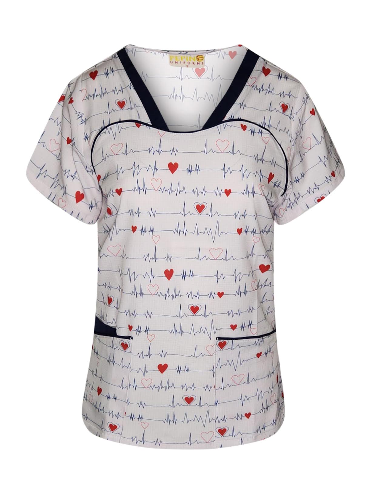 Pepino Uniforms Printed Navy EKG Piping V-Neck Top