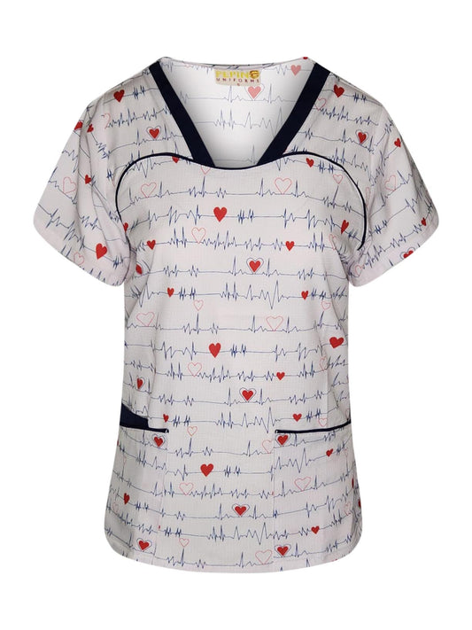 Pepino Uniforms Printed Navy EKG Piping V-Neck Scrub Top