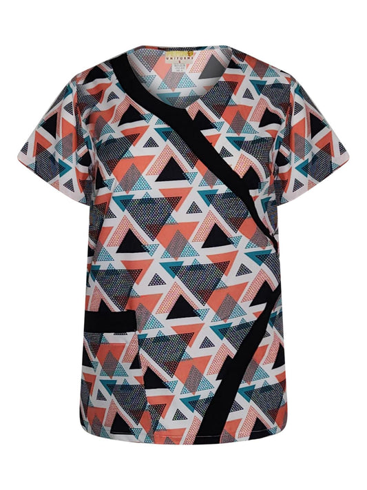 Pepino Uniforms Printed Orange Linked Triangles V-Neck Trim Top