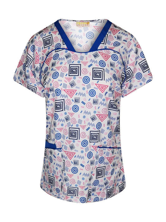 Blusa médica con cuello en V y ribetes con estampado Royal Swirly de Pepino Uniforms