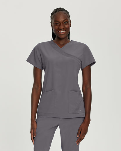 White Cross Fit 3-Pocket Mock Wrap Scrub Top