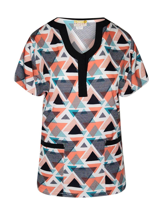 Pepino Uniforms Printed Black Linked Triangles U-Neck Scrub Top