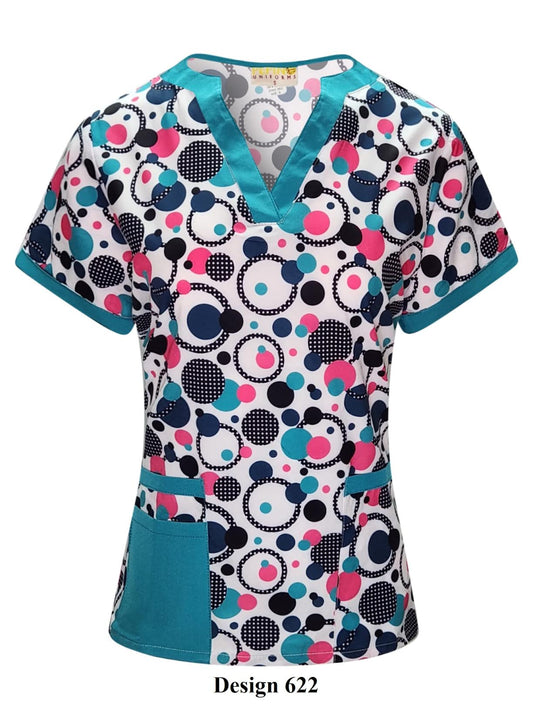 Pepino Uniforms Printed Polka Dot V-Neck Top