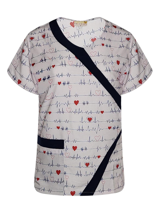 Blusa médica con cuello en V y ribete de ECG azul estampado de Pepino Uniforms