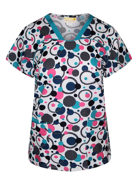 Pepino Uniforms Printed Teal Polka Dot Piping V-Neck Top