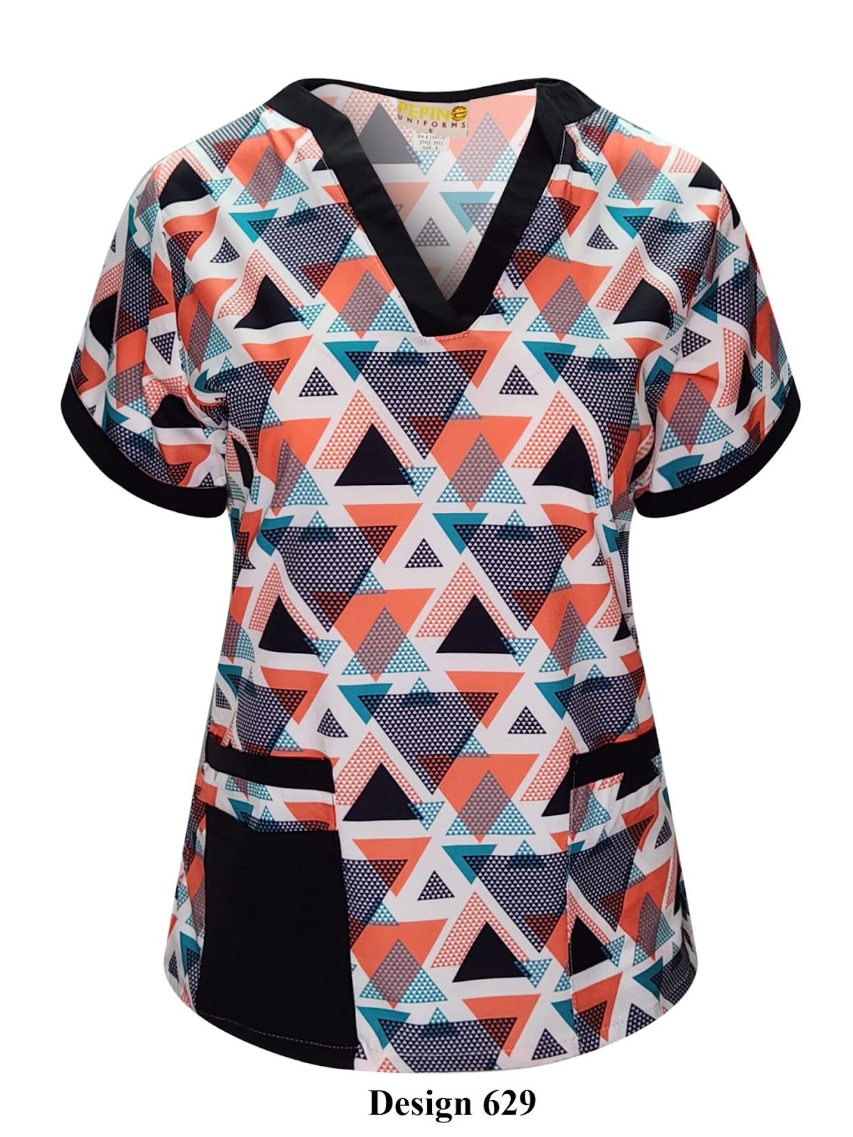 Pepino Uniforms - Haut à col en V avec triangles liés orange imprimés