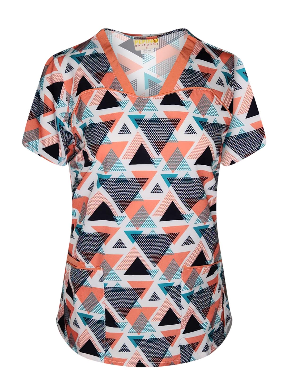Pepino Uniforms Printed Orange Linked Triangles Piping V-Neck Top