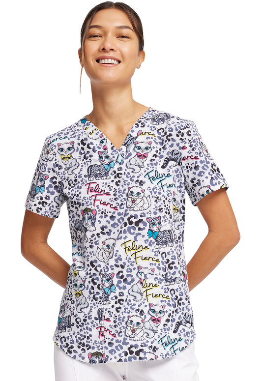 Clearance Cherokee Prints Feline Fierce V-Neck Printed Scrub Top