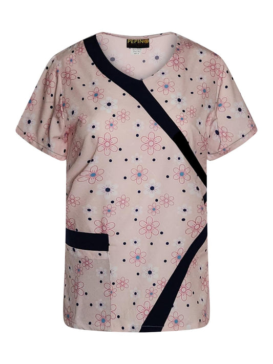 Pepino Uniforms Printed Flowery Pink V-Neck Trim Scrub Top