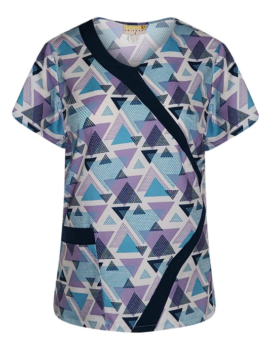 Pepino Uniforms Top con ribete de cuello en V y triángulos enlazados en lavanda estampados