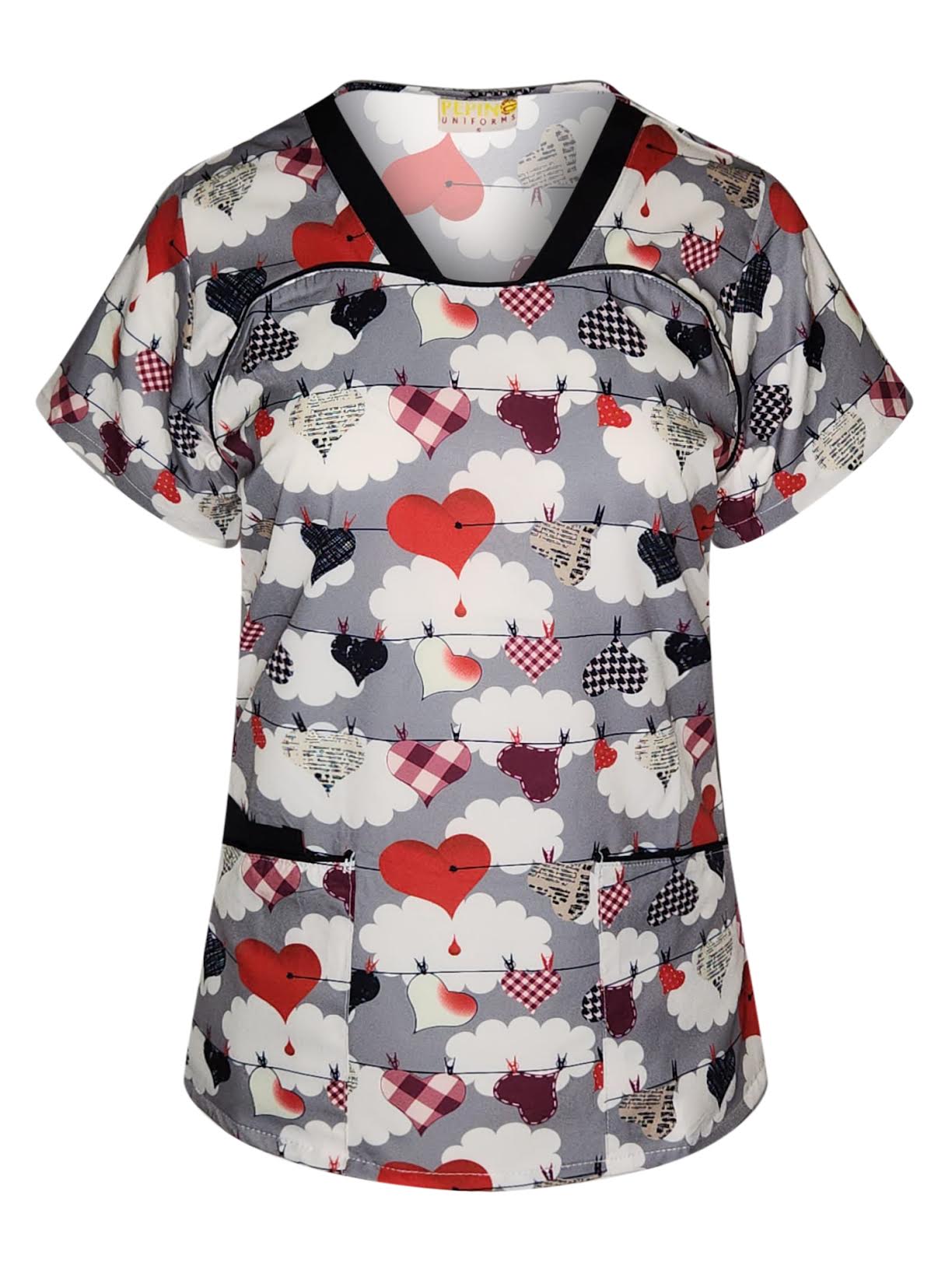 Pepino Uniforms Printed Hanging Hearts Black Trim V-Neck Top