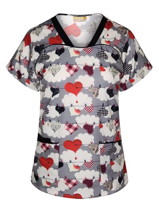 Pepino Uniforms Printed Hanging Hearts Black Trim V-Neck Scrub Top