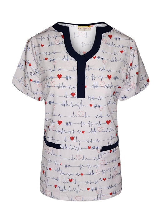 Pepino Uniforms Printed EKG Black Trim U-Neck Scrub Top