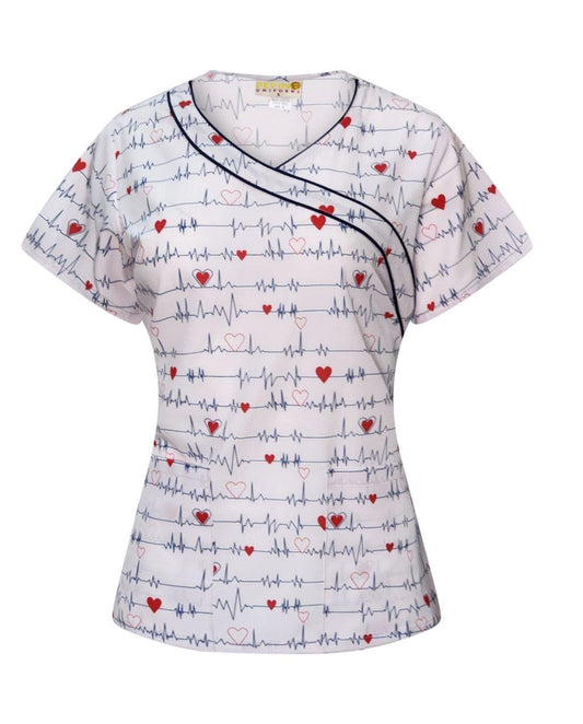 Blusa quirúrgica cruzada con ribete negro y estampado de ECG de Pepino Uniforms