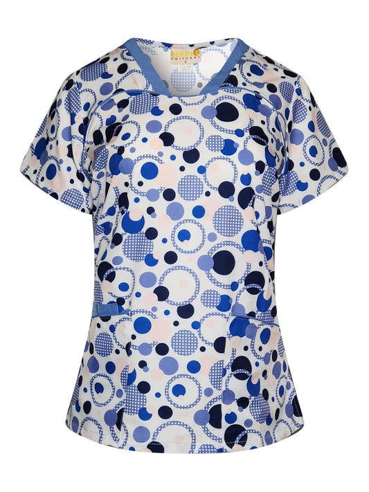 Pepino Uniforms Printed Ceil Polka Dot Piping V-Neck Top