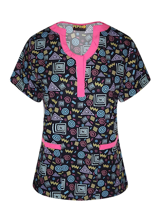 Pepino Uniforms Printed Swirly Pink Trim U-Neck Scrub Top