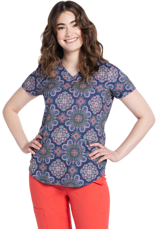 Cherokee Prints Boho Medallion V-Neck Printed Scrub Top